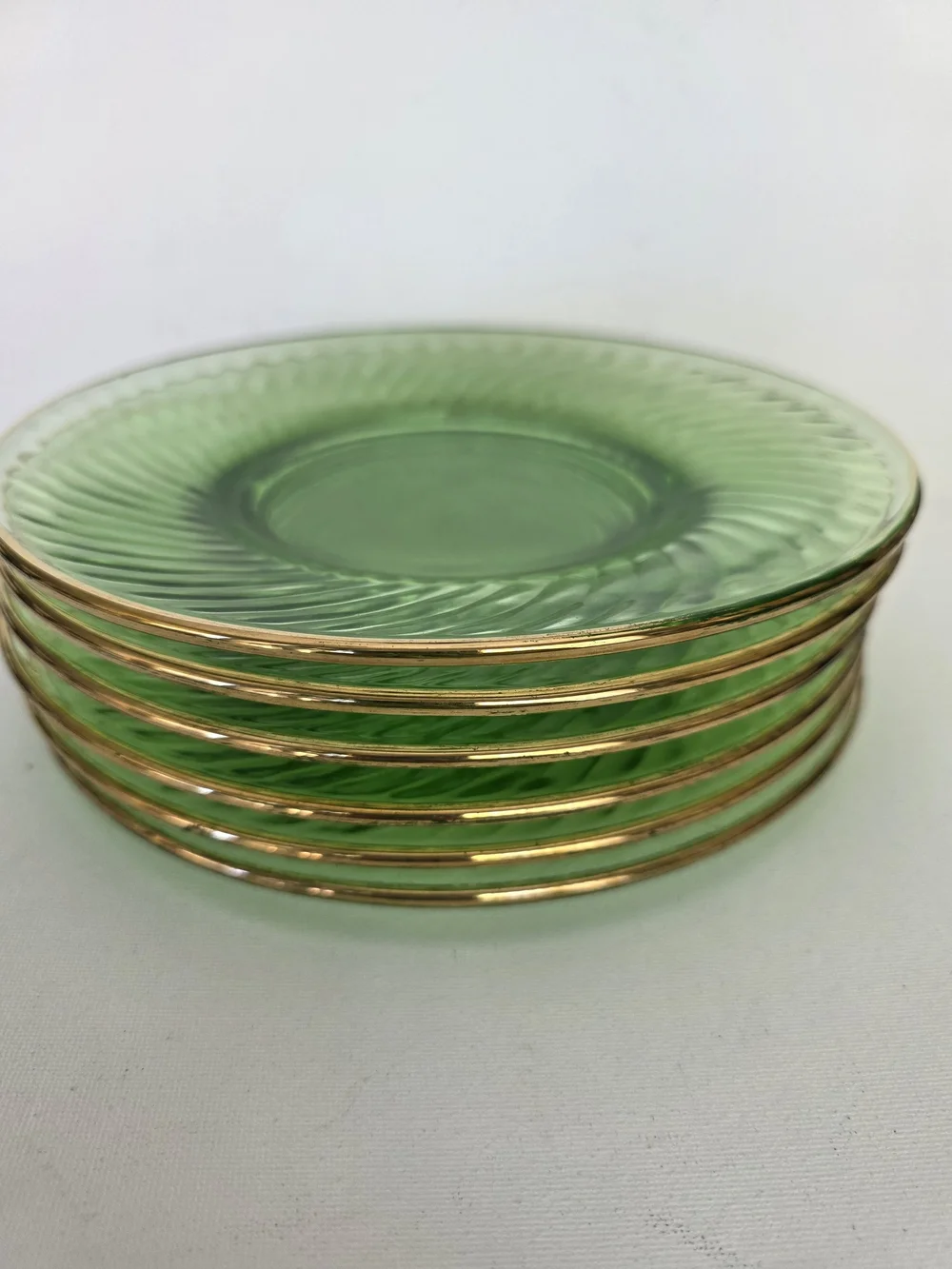 Vintage Hocking Green Glass Dinner Saucers with Gold Rim - Set of 6